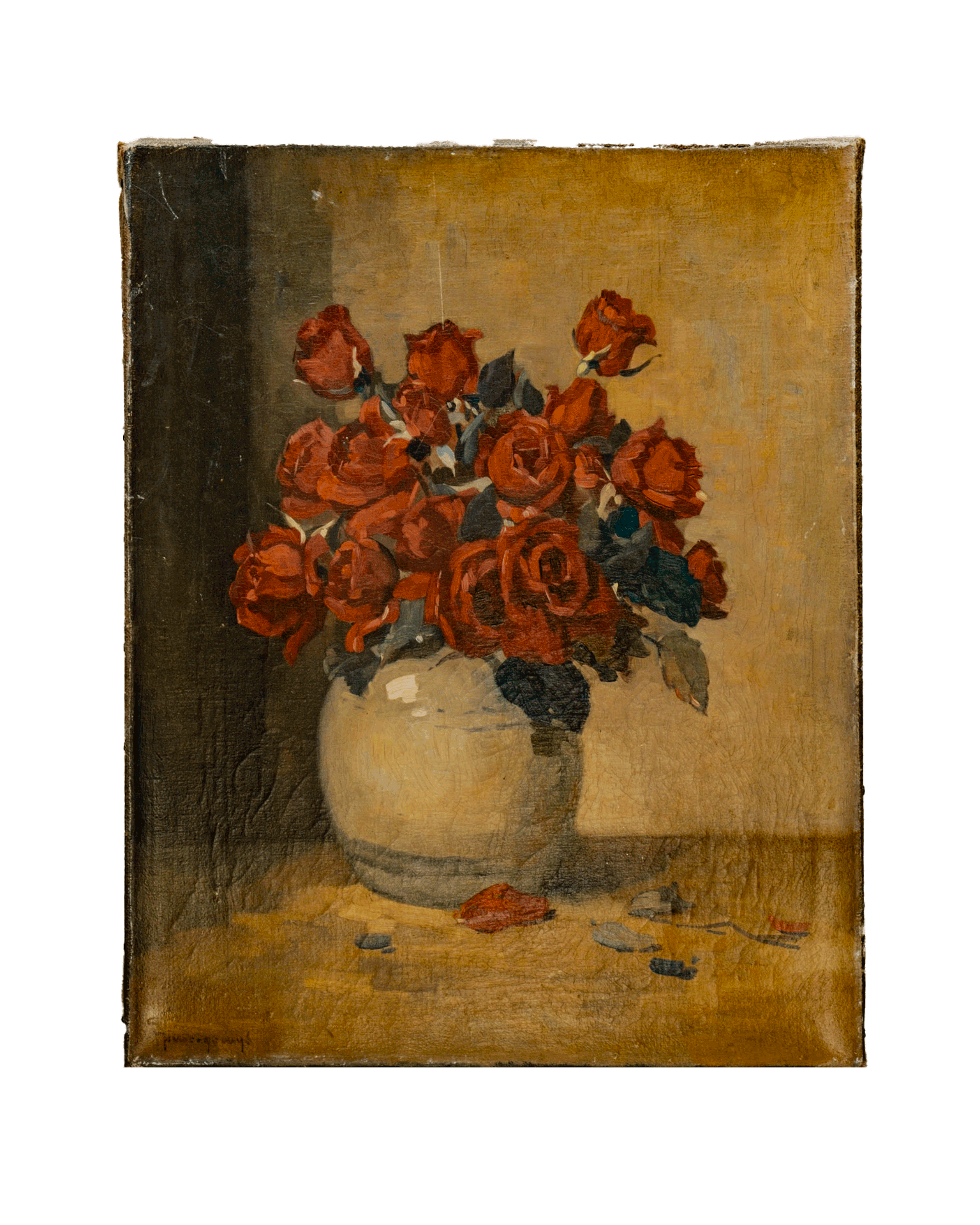 1920s Study of Roses in Vase Oil painting