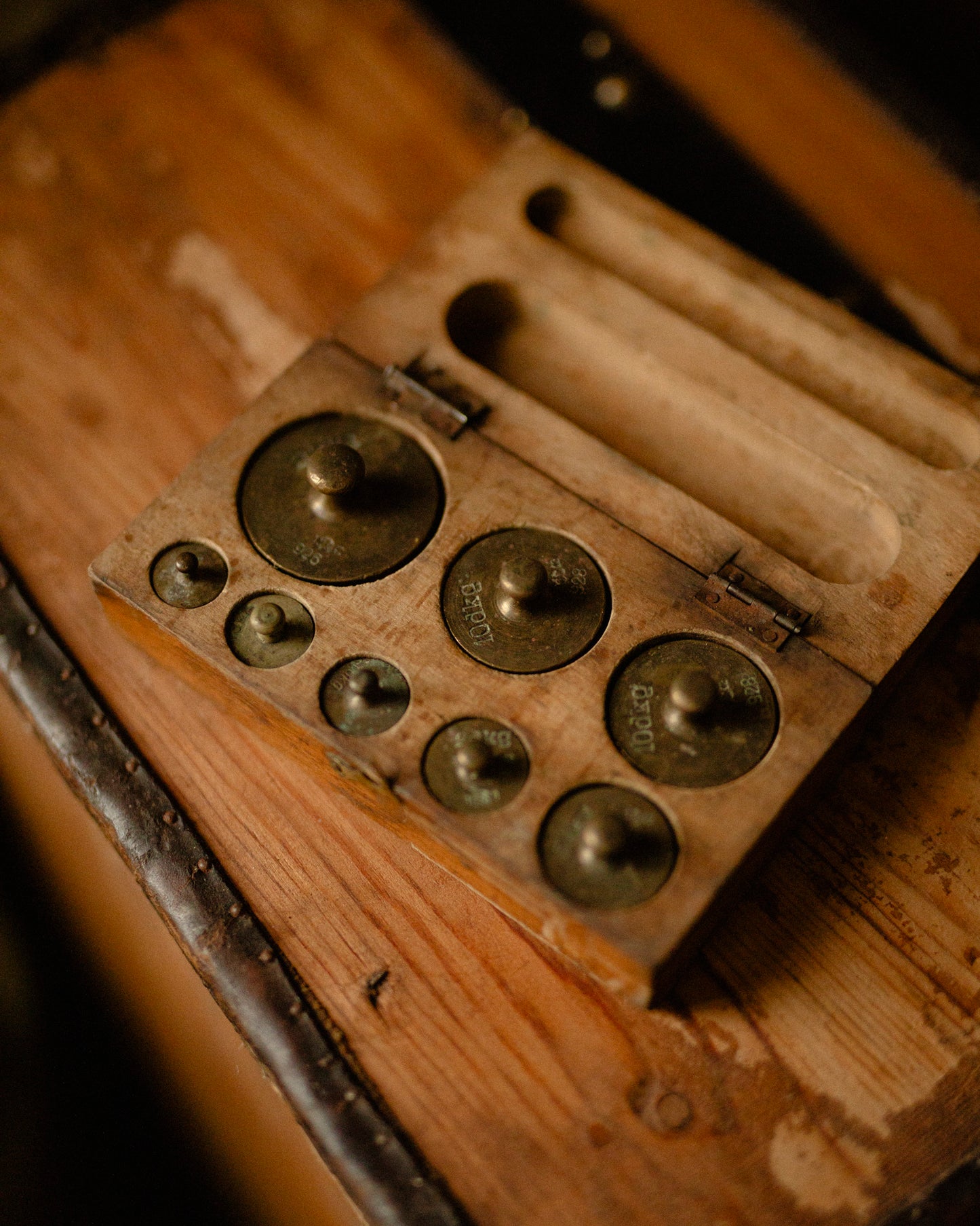 Complete Set of Antique Brass Scale Weights w/Box