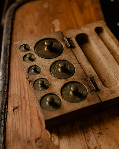 Complete Set of Antique Brass Scale Weights w/Box