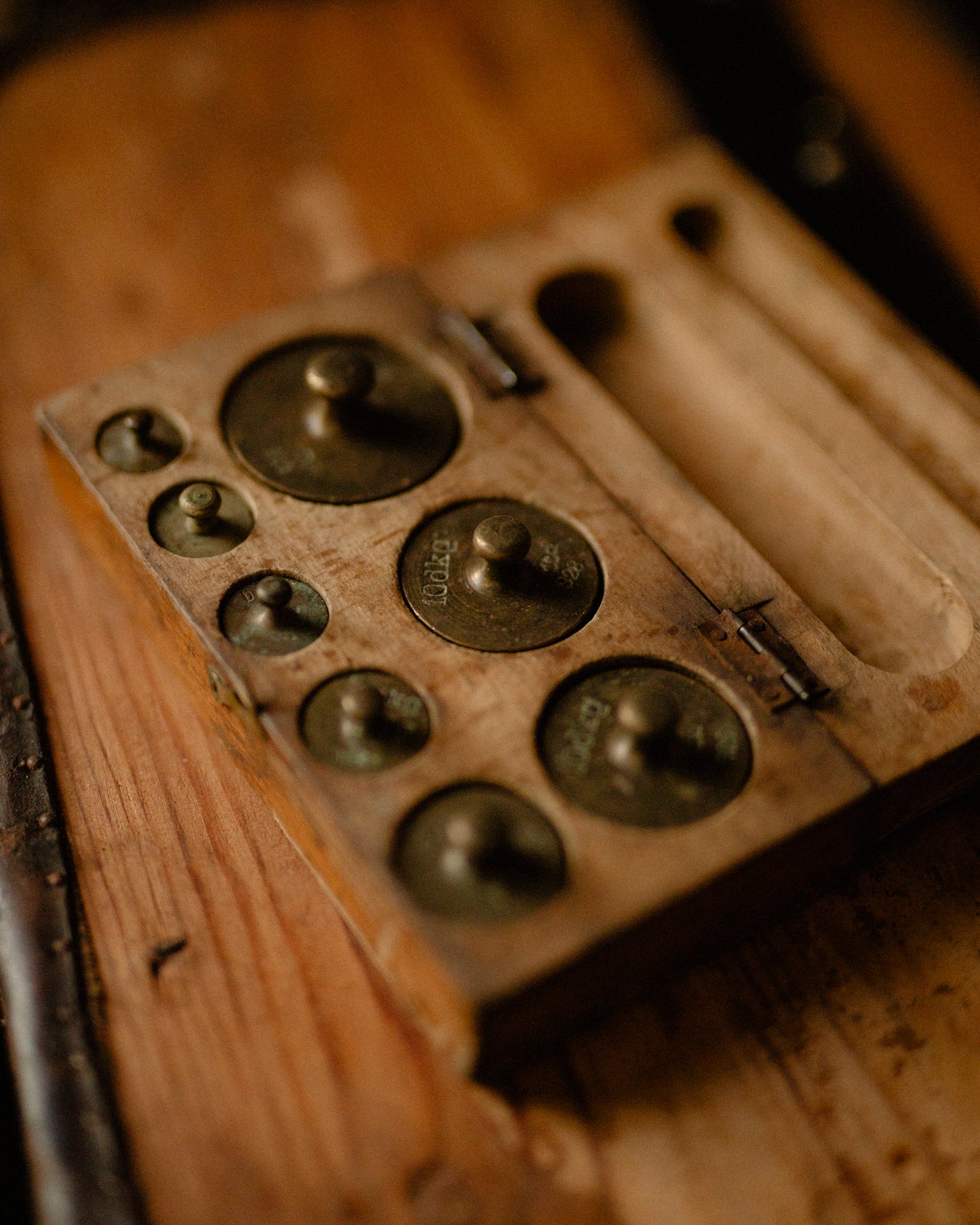 Complete Set of Antique Brass Scale Weights w/Box