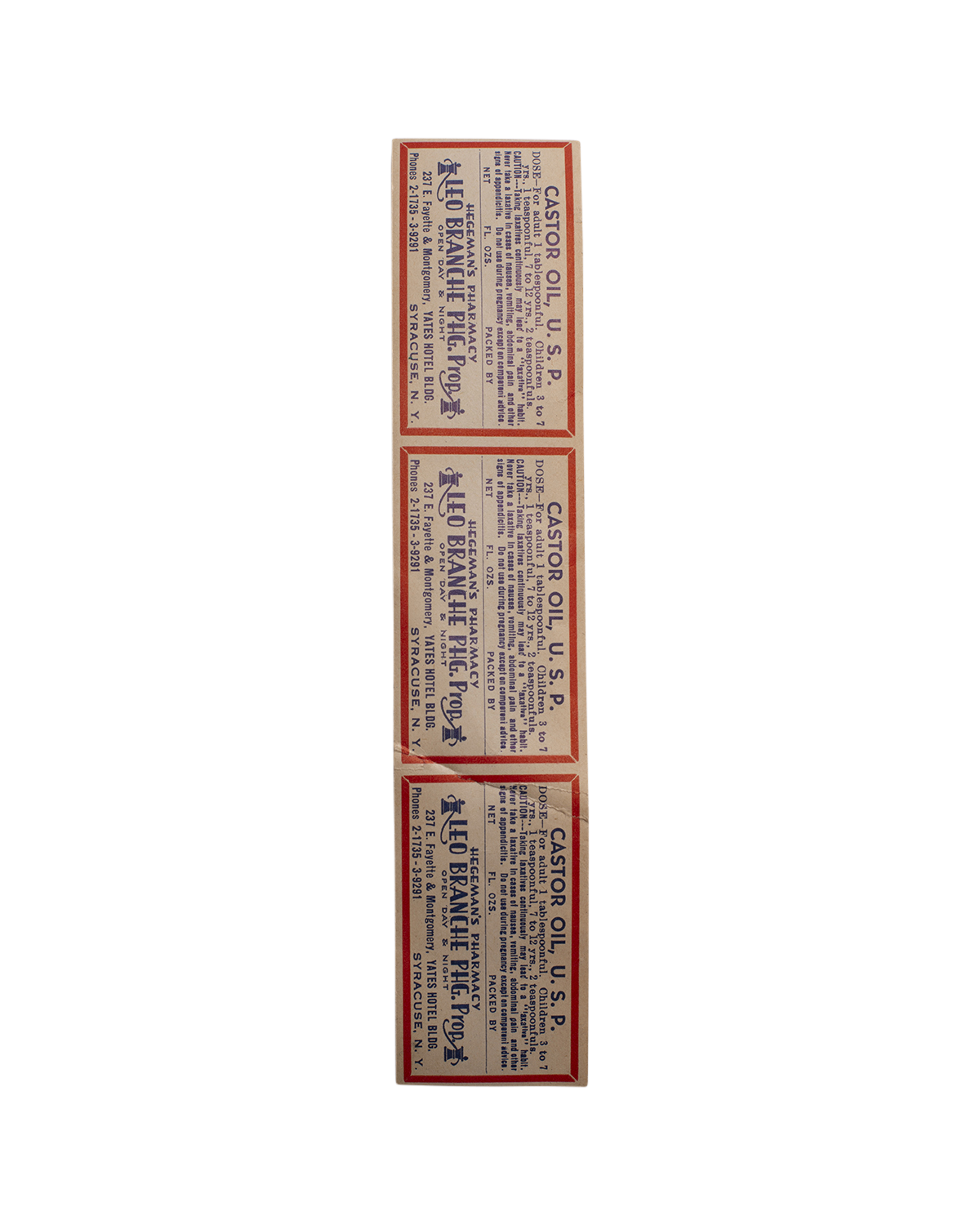 Hegeman's Pharmacy Castor Oil Label Set 3