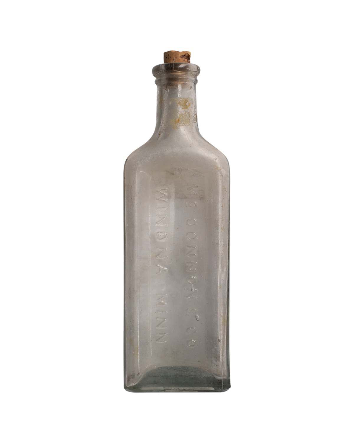Botella de vidrio transparente McConnon &amp; Co, Winona MN