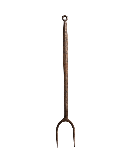 Tenedor de barbacoa de carnicero antiguo con puntas de hierro