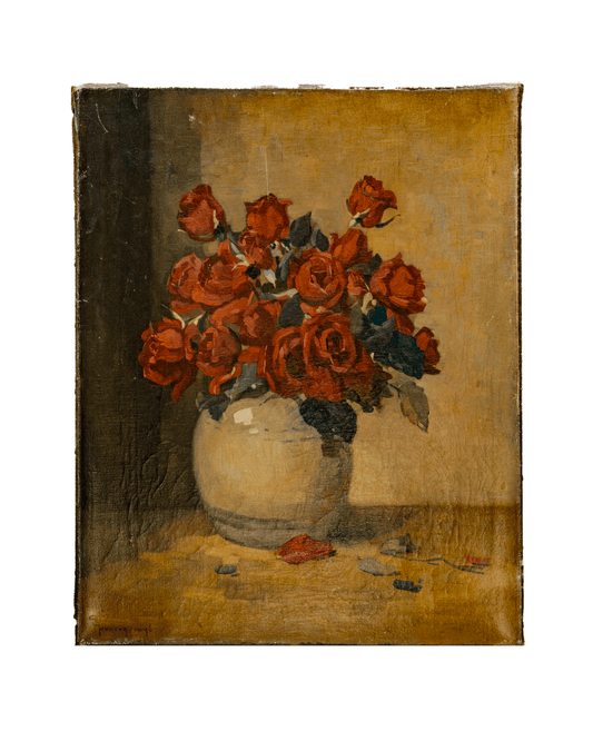 1920s Study of Roses in Vase Oil painting