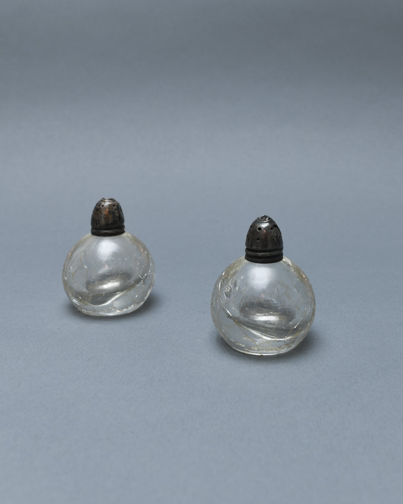 ANTIQUE SET OF GLASS AND SILVER PEWTER SALT AND PEPPER SHAKERS