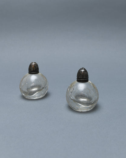 ANTIQUE SET OF GLASS AND SILVER PEWTER SALT AND PEPPER SHAKERS