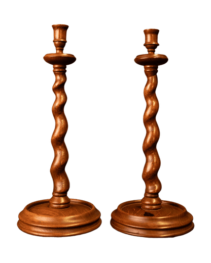 English Oak Barley Twist Candle Holder Set