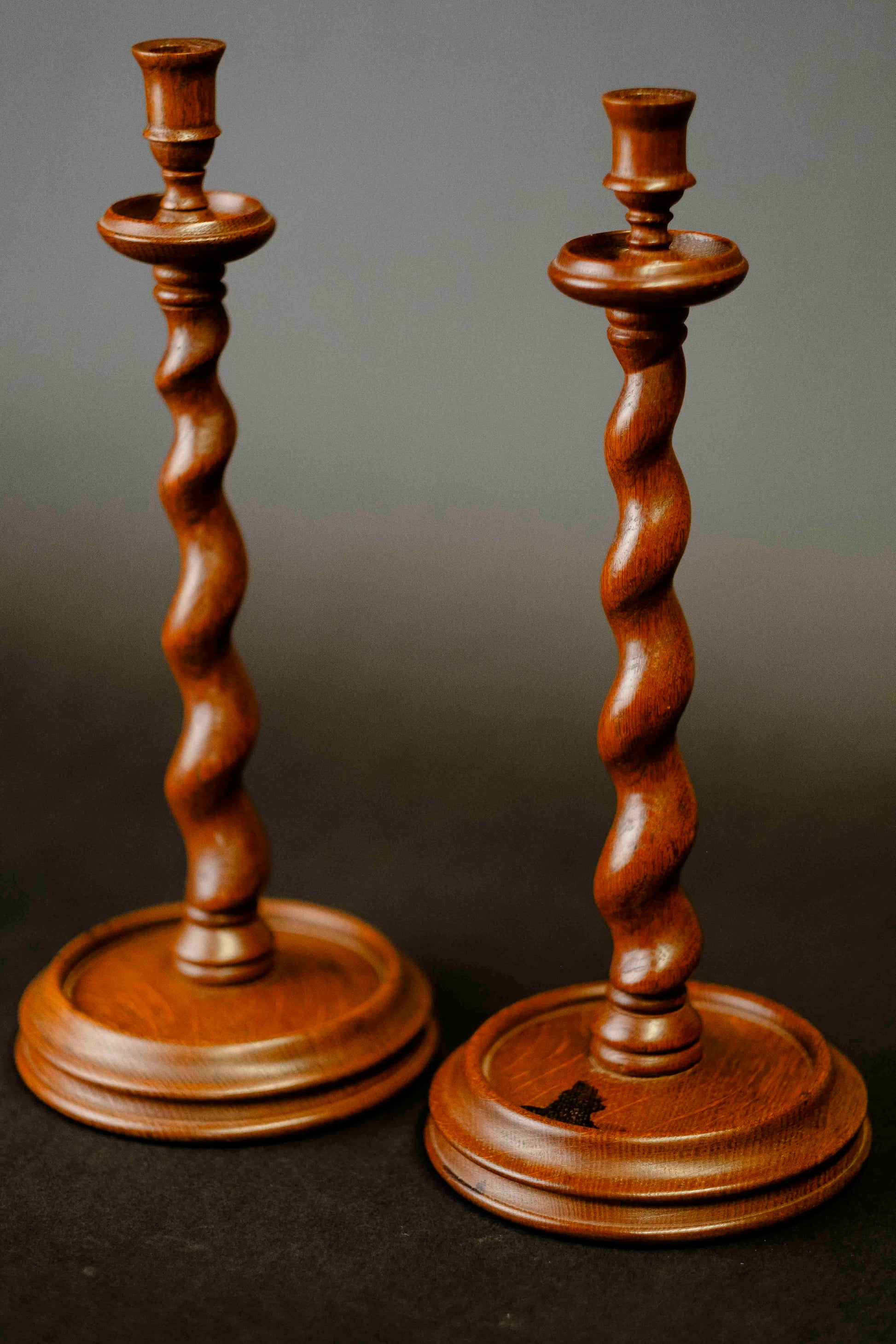 English Oak Barley Twist Candle Holder Set