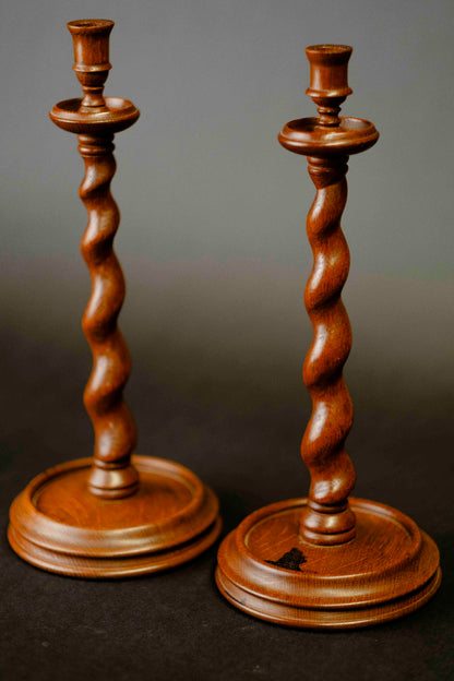 English Oak Barley Twist Candle Holder Set