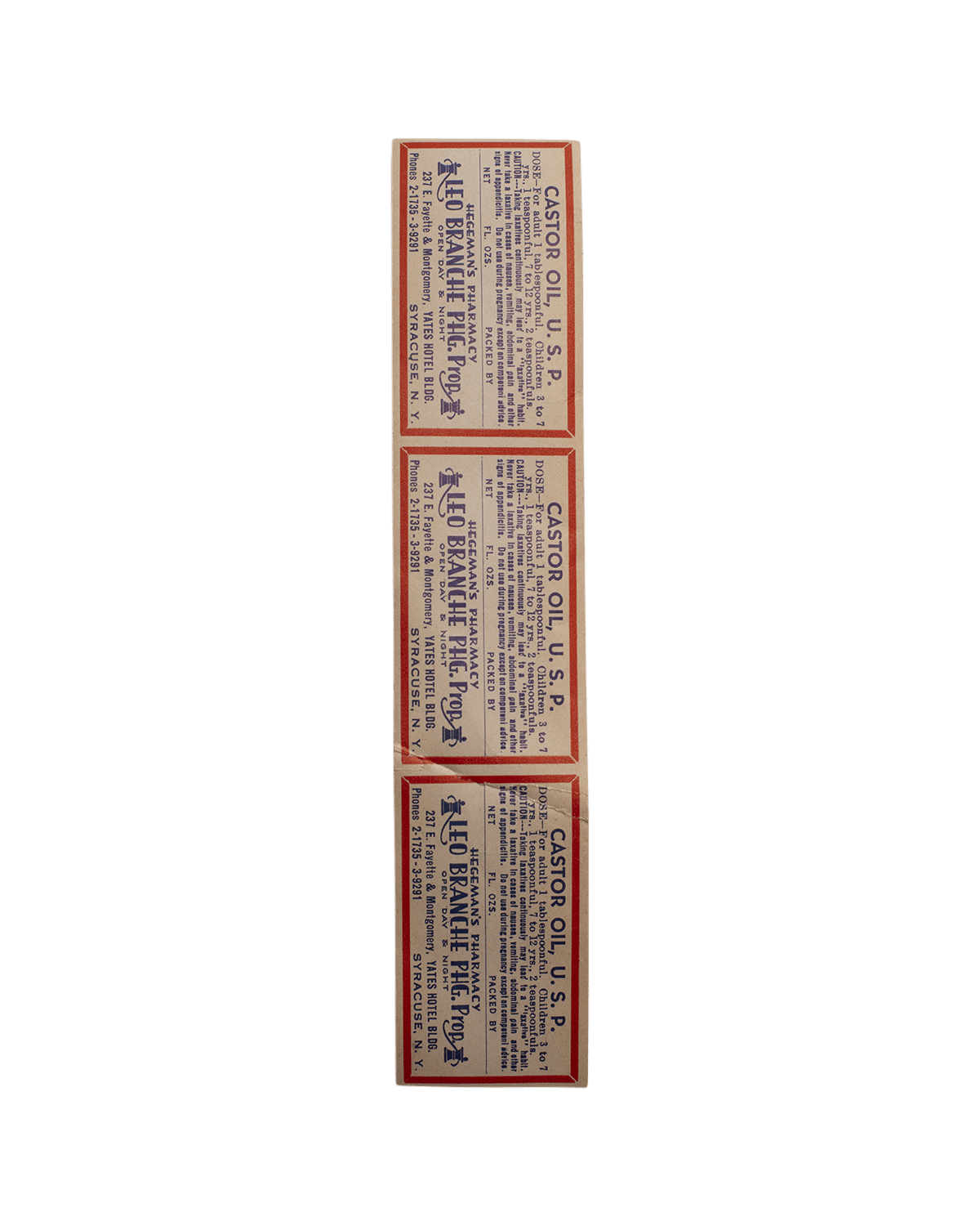 Hegeman's Pharmacy Castor Oil Label Set 3